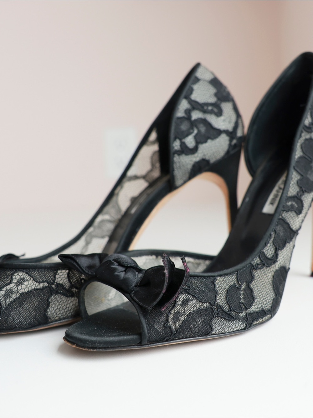 Manolo Blahnik Black Lace Peep-Toe Pumps with Satin Bow